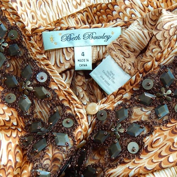 Beth Bowley Anthropologie Animal Print Silk Empire Brushed Copper Beaded Dress 4 - Picture 6 of 6